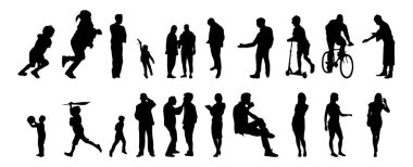 Vektör siluetleri, insanların ana hatları, Contour çizimleri, insanların siluetleri, ikon kümesi izole edilmiş, oturan insanların silueti, mimari set