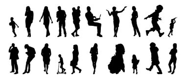 Vektör siluetleri, insanların ana hatları, Contour çizimleri, insanların siluetleri, ikon kümesi izole edilmiş, oturan insanların silueti, mimari set