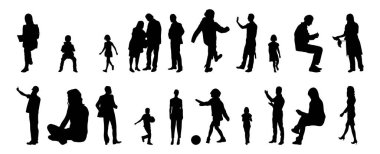 Vektör siluetleri, insanların ana hatları, Contour çizimleri, insanların siluetleri, ikon kümesi izole edilmiş, oturan insanların silueti, mimari set