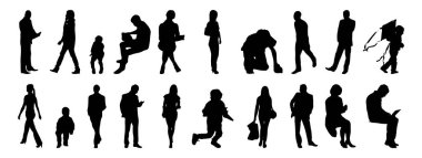 Vektör siluetleri, insanların ana hatları, Contour çizimleri, insanların siluetleri, ikon kümesi izole edilmiş, oturan insanların silueti, mimari set