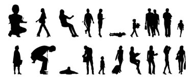 Vektör siluetleri, insanların ana hatları, Contour çizimleri, insanların siluetleri, ikon kümesi izole edilmiş, oturan insanların silueti, mimari set