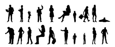 Vektör siluetleri, insanların ana hatları, Contour çizimleri, insanların siluetleri, ikon kümesi izole edilmiş, oturan insanların silueti, mimari set