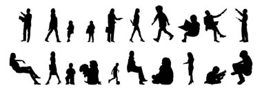 Vektör siluetleri, insanların ana hatları, Contour çizimleri, insanların siluetleri, ikon kümesi izole edilmiş, oturan insanların silueti, mimari set