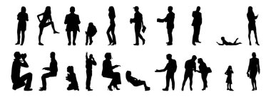 Vektör siluetleri, insanların ana hatları, Contour çizimleri, insanların siluetleri, ikon kümesi izole edilmiş, oturan insanların silueti, mimari set