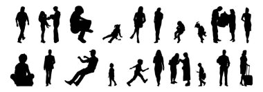 Vektör siluetleri, insanların ana hatları, Contour çizimleri, insanların siluetleri, ikon kümesi izole edilmiş, oturan insanların silueti, mimari set