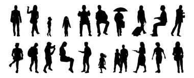 Vektör siluetleri, insanların ana hatları, Contour çizimleri, insanların siluetleri, ikon kümesi izole edilmiş, oturan insanların silueti, mimari set