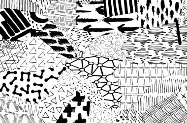 Soyut siyah darbeler, El, Vektör Deseni 'ni çizdi. Geometrik tarzda soyut arkaplan. Soyut çok renkli geometrik desen