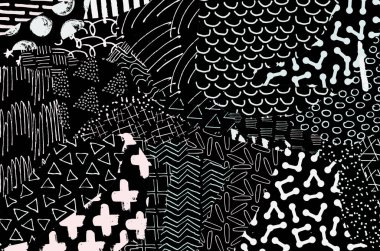 Soyut siyah darbeler, El, Vektör Deseni 'ni çizdi. Geometrik tarzda soyut arkaplan. Soyut çok renkli geometrik desen