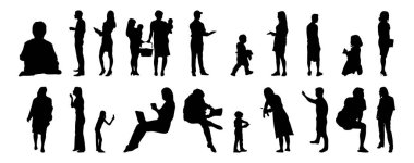 Vektör siluetleri, insanların ana hatları, Contour çizimleri, insanların siluetleri, ikon kümesi izole edilmiş, oturan insanların silueti, mimari set