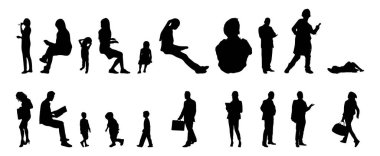 Vektör siluetleri, insanların ana hatları, Contour çizimleri, insanların siluetleri, ikon kümesi izole edilmiş, oturan insanların silueti, mimari set