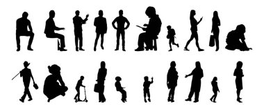 Vektör siluetleri, insanların ana hatları, Contour çizimleri, insanların siluetleri, ikon kümesi izole edilmiş, oturan insanların silueti, mimari set