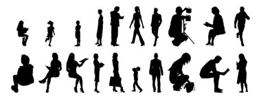 Vektör siluetleri, insanların ana hatları, Contour çizimleri, insanların siluetleri, ikon kümesi izole edilmiş, oturan insanların silueti, mimari set
