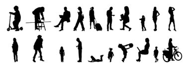 Vektör siluetleri, insanların ana hatları, Contour çizimleri, insanların siluetleri, ikon kümesi izole edilmiş, oturan insanların silueti, mimari set