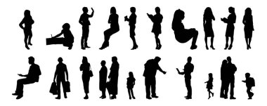 Vektör siluetleri, insanların ana hatları, Contour çizimleri, insanların siluetleri, ikon kümesi izole edilmiş, oturan insanların silueti, mimari set