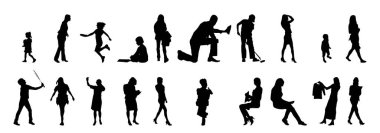 Vektör siluetleri, insanların ana hatları, Contour çizimleri, insanların siluetleri, ikon kümesi izole edilmiş, oturan insanların silueti, mimari set