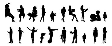 Vektör siluetleri, insanların ana hatları, Contour çizimleri, insanların siluetleri, ikon kümesi izole edilmiş, oturan insanların silueti, mimari set