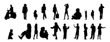 Vektör siluetleri, insanların ana hatları, Contour çizimleri, insanların siluetleri, ikon kümesi izole edilmiş, oturan insanların silueti, mimari set