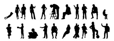 Vektör siluetleri, insanların ana hatları, Contour çizimleri, insanların siluetleri, ikon kümesi izole edilmiş, oturan insanların silueti, mimari set