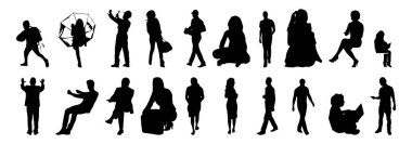 Vektör siluetleri, insanların ana hatları, Contour çizimleri, insanların siluetleri, ikon kümesi izole edilmiş, oturan insanların silueti, mimari set