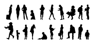 Vektör siluetleri, insanların ana hatları, Contour çizimleri, insanların siluetleri, ikon kümesi izole edilmiş, oturan insanların silueti, mimari set