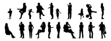Vektör siluetleri, insanların ana hatları, Contour çizimleri, insanların siluetleri, ikon kümesi izole edilmiş, oturan insanların silueti, mimari set