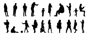 Vektör siluetleri, insanların ana hatları, Contour çizimleri, insanların siluetleri, ikon kümesi izole edilmiş, oturan insanların silueti, mimari set