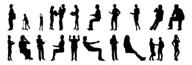 Vektör siluetleri, insanların ana hatları, Contour çizimleri, insanların siluetleri, ikon kümesi izole edilmiş, oturan insanların silueti, mimari set