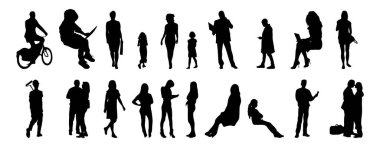 Vektör siluetleri, insanların ana hatları, Contour çizimleri, insanların siluetleri, ikon kümesi izole edilmiş, oturan insanların silueti, mimari set