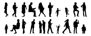 Vektör siluetleri, insanların ana hatları, Contour çizimleri, insanların siluetleri, ikon kümesi izole edilmiş, oturan insanların silueti, mimari set