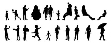 Vektör siluetleri, insanların ana hatları, Contour çizimleri, insanların siluetleri, ikon kümesi izole edilmiş, oturan insanların silueti, mimari set