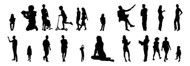 Vektör siluetleri, insanların ana hatları, Contour çizimleri, insanların siluetleri, ikon kümesi izole edilmiş, oturan insanların silueti, mimari set