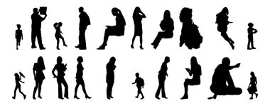 Vektör siluetleri, insanların ana hatları, Contour çizimleri, insanların siluetleri, ikon kümesi izole edilmiş, oturan insanların silueti, mimari set