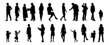 Vektör siluetleri, insanların ana hatları, Contour çizimleri, insanların siluetleri, ikon kümesi izole edilmiş, oturan insanların silueti, mimari set