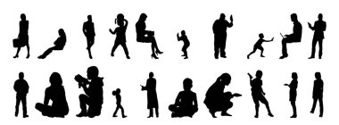 Vektör siluetleri, insanların ana hatları, Contour çizimleri, insanların siluetleri, ikon kümesi izole edilmiş, oturan insanların silueti, mimari set