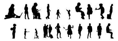 Vektör siluetleri, insanların ana hatları, Contour çizimleri, insanların siluetleri, ikon kümesi izole edilmiş, oturan insanların silueti, mimari set