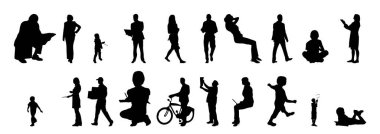 Vektör siluetleri, insanların ana hatları, Contour çizimleri, insanların siluetleri, ikon kümesi izole edilmiş, oturan insanların silueti, mimari set