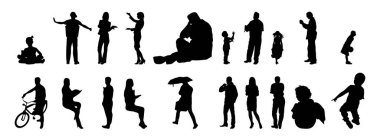 Vektör siluetleri, insanların ana hatları, Contour çizimleri, insanların siluetleri, ikon kümesi izole edilmiş, oturan insanların silueti, mimari set