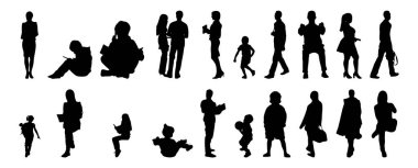Vektör siluetleri, insanların ana hatları, Contour çizimleri, insanların siluetleri, ikon kümesi izole edilmiş, oturan insanların silueti, mimari set