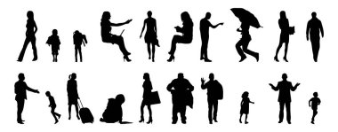 Vektör siluetleri, insanların ana hatları, Contour çizimleri, insanların siluetleri, ikon kümesi izole edilmiş, oturan insanların silueti, mimari set