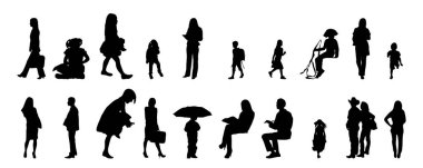 Vektör siluetleri, insanların ana hatları, Contour çizimleri, insanların siluetleri, ikon kümesi izole edilmiş, oturan insanların silueti, mimari set