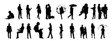 Vektör siluetleri, insanların ana hatları, Contour çizimleri, insanların siluetleri, ikon kümesi izole edilmiş, oturan insanların silueti, mimari set