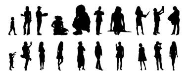 Vektör siluetleri, insanların ana hatları, Contour çizimleri, insanların siluetleri, ikon kümesi izole edilmiş, oturan insanların silueti, mimari set