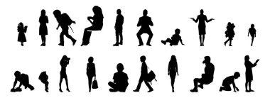 Vektör siluetleri, insanların ana hatları, Contour çizimleri, insanların siluetleri, ikon kümesi izole edilmiş, oturan insanların silueti, mimari set