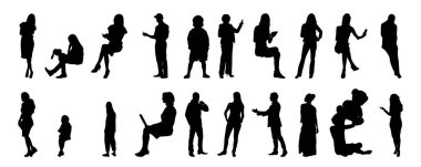 Vektör siluetleri, insanların ana hatları, Contour çizimleri, insanların siluetleri, ikon kümesi izole edilmiş, oturan insanların silueti, mimari set