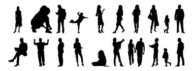 Vektör siluetleri, insanların ana hatları, Contour çizimleri, insanların siluetleri, ikon kümesi izole edilmiş, oturan insanların silueti, mimari set