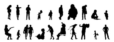 Vektör siluetleri, insanların ana hatları, Contour çizimleri, insanların siluetleri, ikon kümesi izole edilmiş, oturan insanların silueti, mimari set