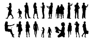 Vektör siluetleri, insanların ana hatları, Contour çizimleri, insanların siluetleri, ikon kümesi izole edilmiş, oturan insanların silueti, mimari set