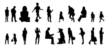 Vektör siluetleri, insanların ana hatları, Contour çizimleri, insanların siluetleri, ikon kümesi izole edilmiş, oturan insanların silueti, mimari set