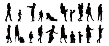 Vektör siluetleri, insanların ana hatları, Contour çizimleri, insanların siluetleri, ikon kümesi izole edilmiş, oturan insanların silueti, mimari set