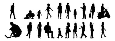 Vektör siluetleri, insanların ana hatları, Contour çizimleri, insanların siluetleri, ikon kümesi izole edilmiş, oturan insanların silueti, mimari set